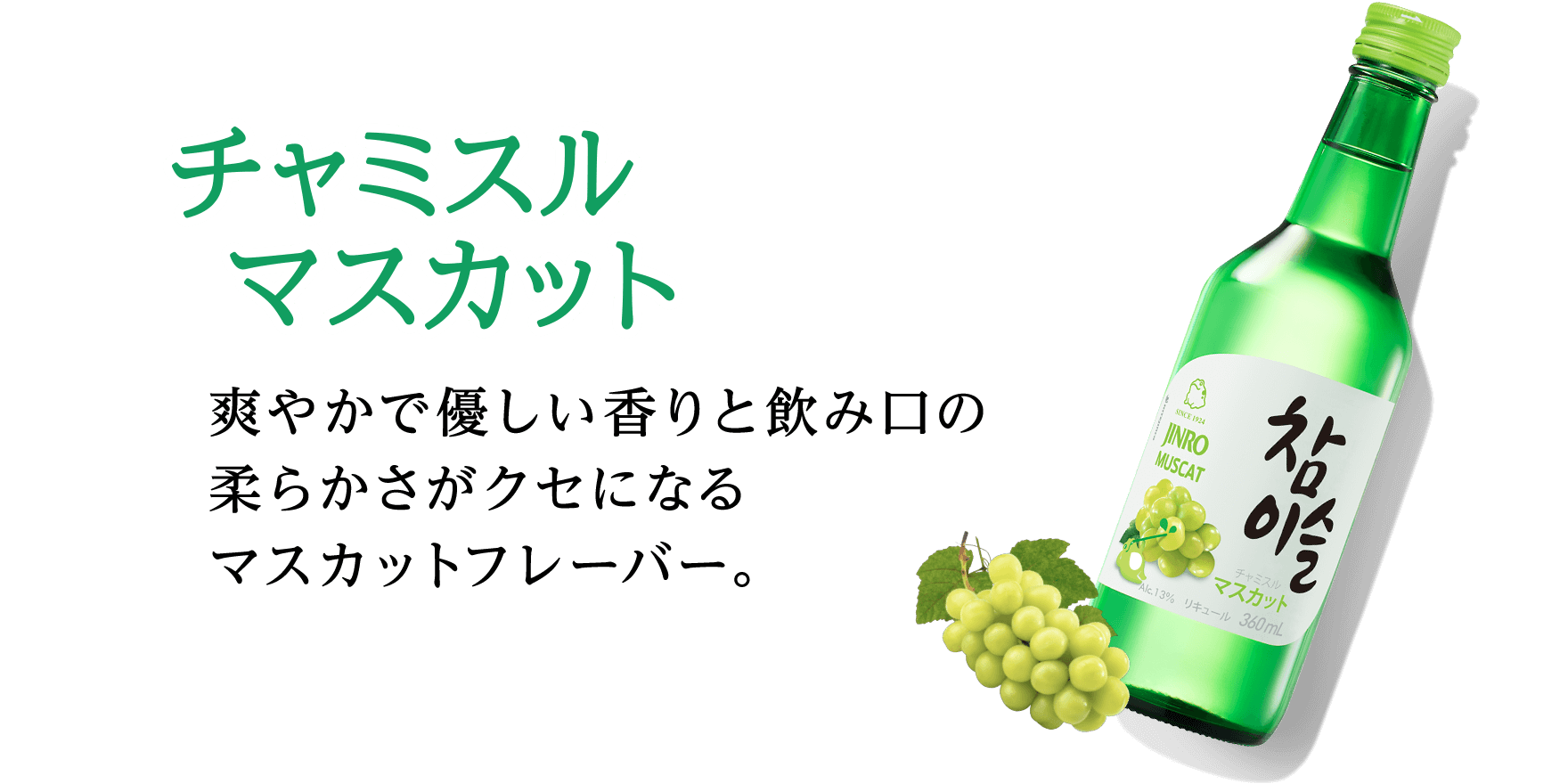チャミスル マスカット 爽やかで優しい香りと飲み口の柔らかさがクセになるマスカットフレーバー。
